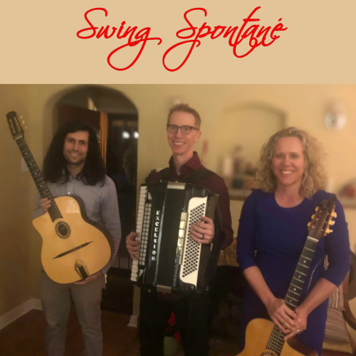 Three people with two guitars and an accordion, smiling indoors under "Swing Spontané" text.