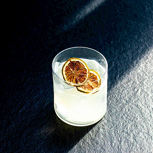 A glass with ice and sliced dried lemon wheel on a dark textured surface, catching sunlight in a minimalist, moody still-life.