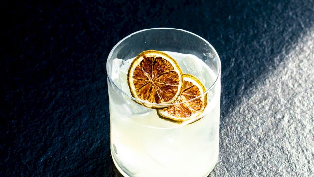 A glass with ice and sliced dried lemon wheel on a dark textured surface, catching sunlight in a minimalist, moody still-life.