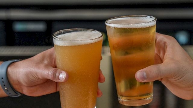 Two hands clink tall glasses of amber beer in a bar, with a blurred bookshelf background.